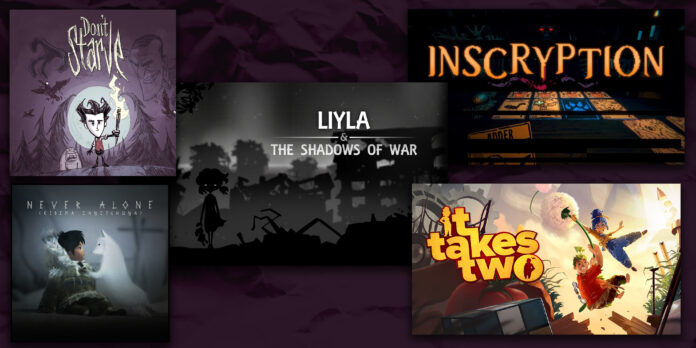 a collage of each game’s cover set against a wrinkled purple background. Top left: a sketched boy holding a torch as he traverses a forest. Bottom left: a child face-to-face with a white wolf. Middle: a black and white depiction of a little girl holding a stuffed animal with crumbling buildings in the background. Top right: a dark setting with orange cards depicting animals and words like “survive.” Bottom right: metal gears and a tomato with a rubix cube at the front.