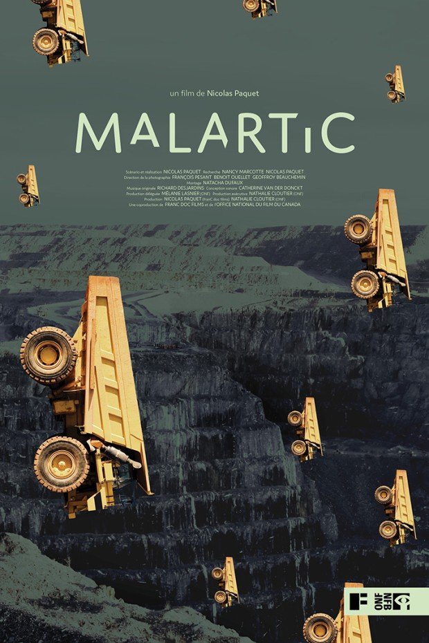 Yellow mining trucks face South as if falling. In the background is a mountain landscape with a greenish tone.