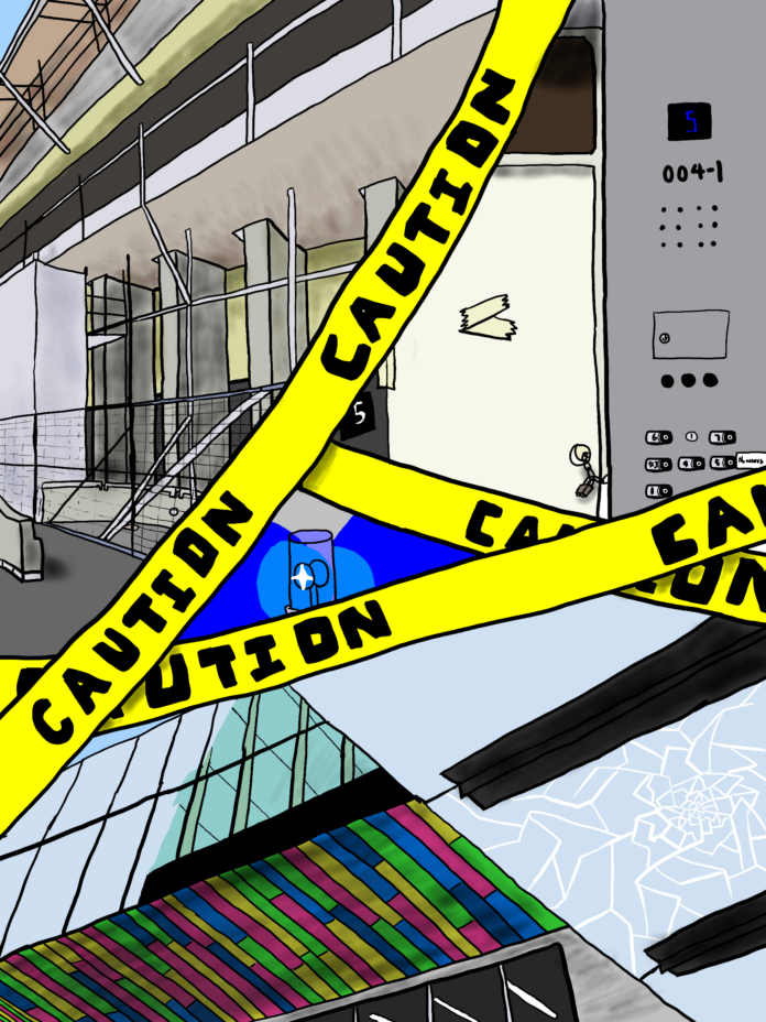 Illustration of several broken SFU facilities covered in caution tape. The image features broken glass, a fire alarm, and elevator buttons, indicating that the fifth floor of the Bennett Library is closed.