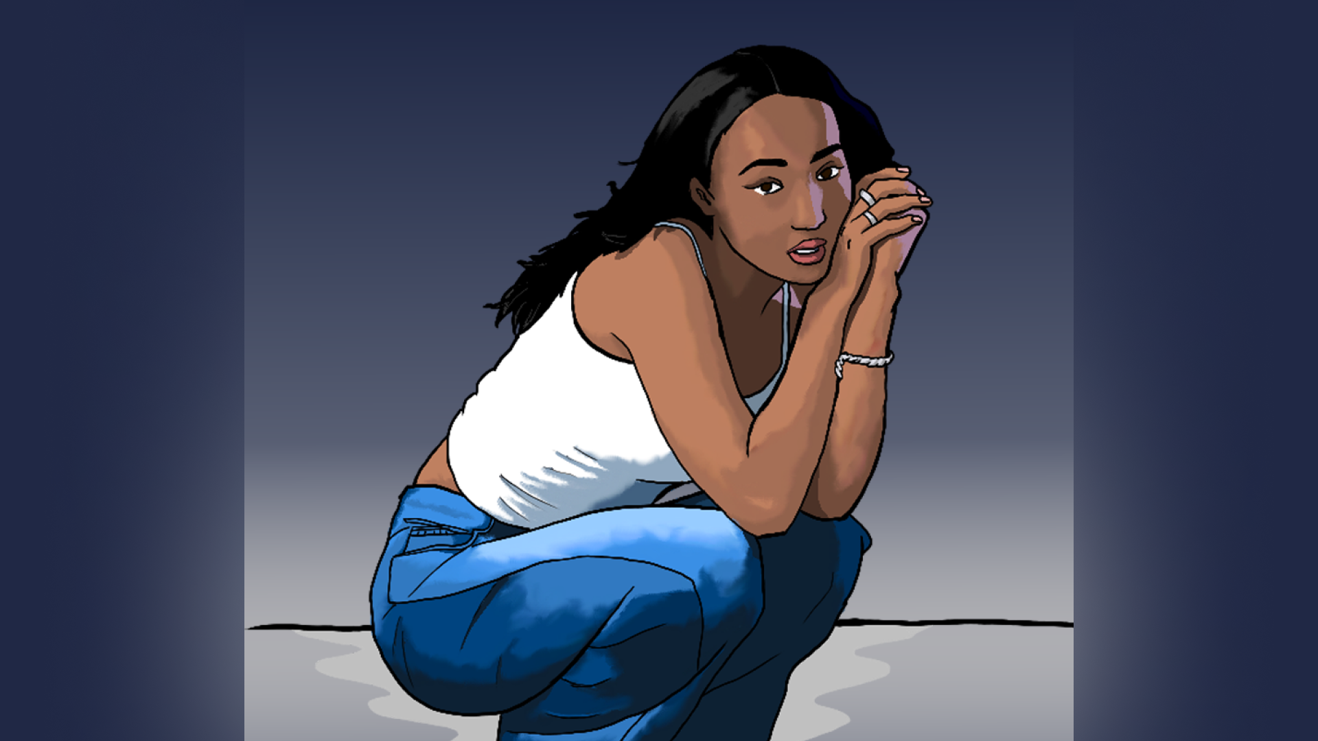 A girl dressed in a white tanktop and blue jeans crouches with her head leaning against both of her arms.