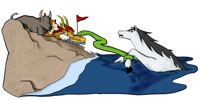 yantingleung - snakerace An illustration depicting an ox, rat, tiger, rabbit, and dragon atop a cliff, with a snake and a horse following depicting the myth of the great race of the Chinese Zodiac