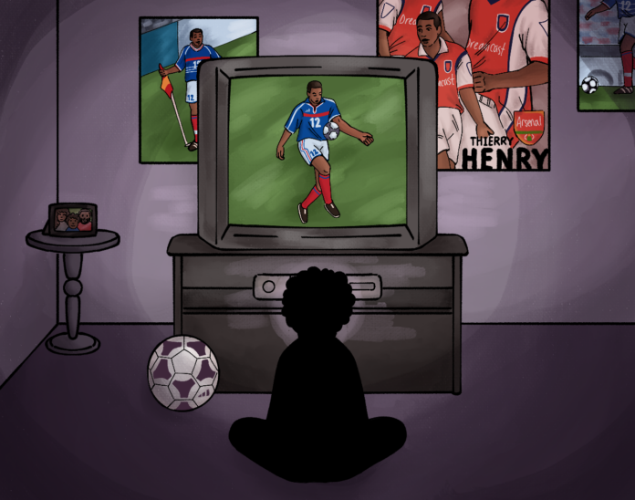 A child watching Thierry Henry highlights on a TV in their room. Posters of Henry are hung up around the walls.