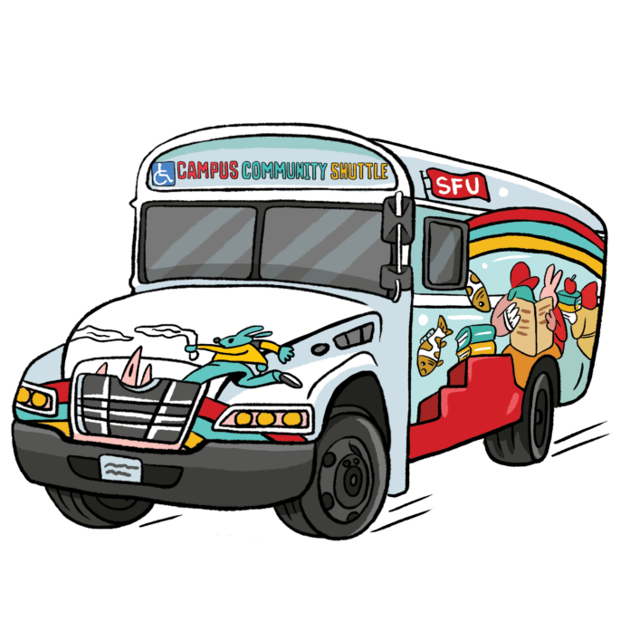 This is an illustration of the campus community shuttle, a colourful bus with bright doodles on the sides.