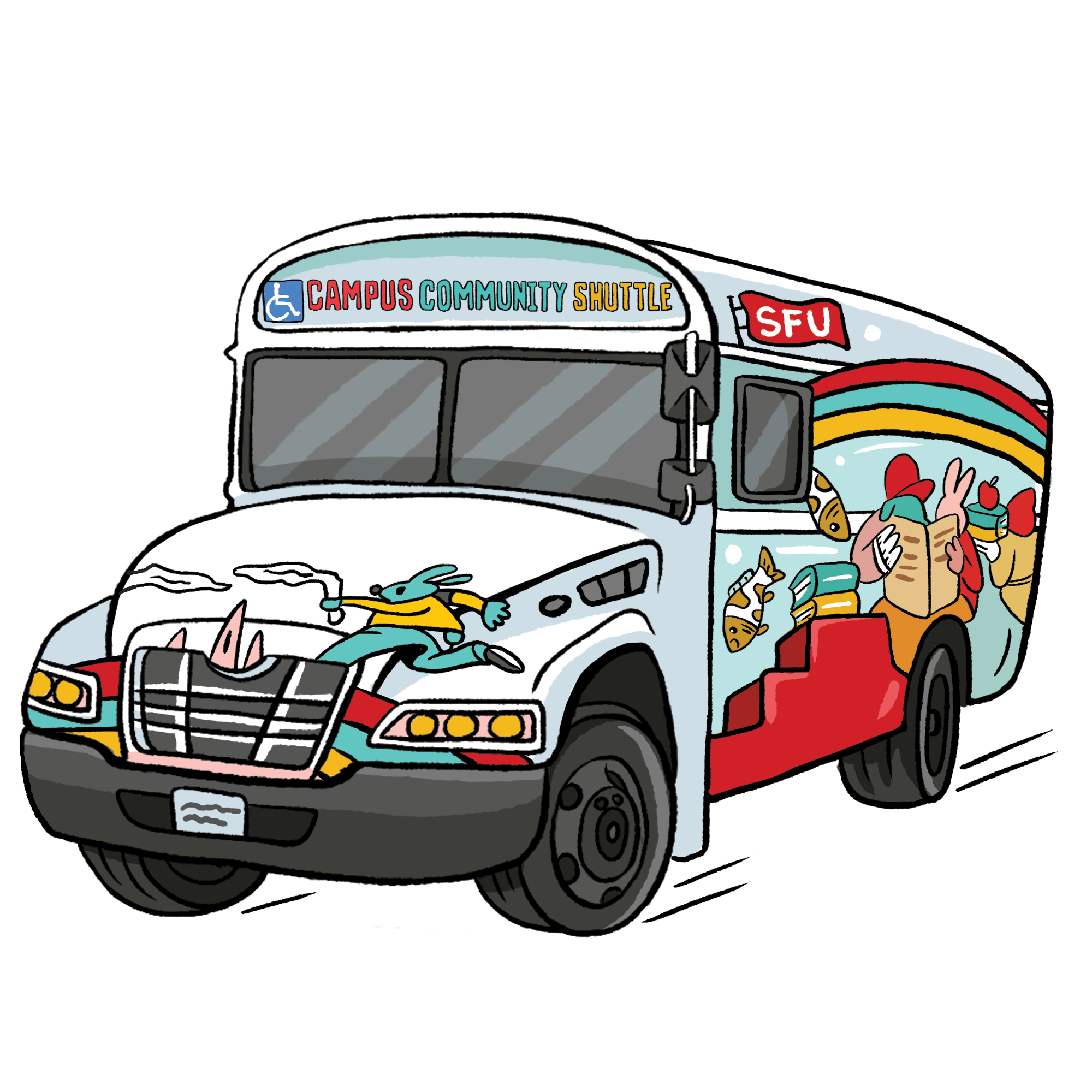 This is an illustration of the campus community shuttle, a colourful bus with bright doodles on the sides.