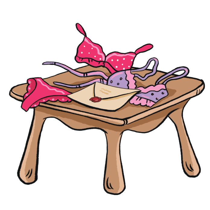 Envelope with a red seal on a table surrounded by lingerie.