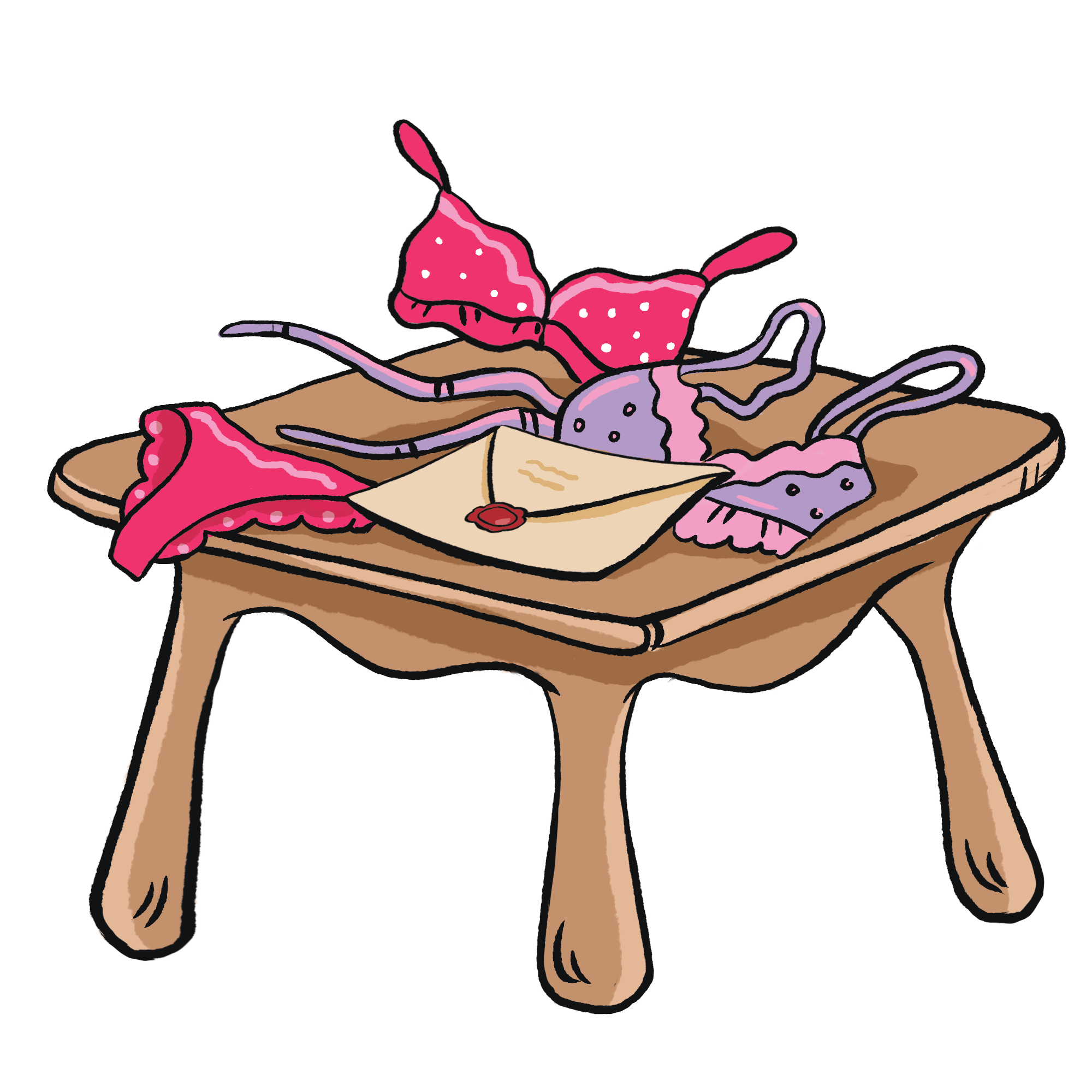 Envelope with a red seal on a table surrounded by lingerie.