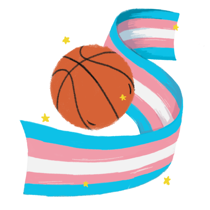 A basketball wrapped in a trans flag.