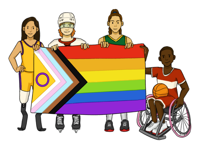 KristinLee-BeingQueerinSports Four women athletes and para athletes holding up a pride flag.