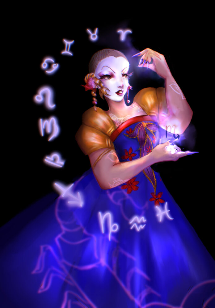 One of the event’s performers dressed in a blue dress with red flowers. As they move their fingers, the Gregorian zodiac signs float around them.
