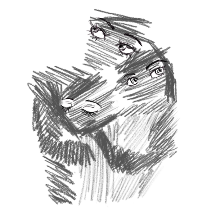 ILLUSTRATION: Multiple bodies tangled together, but with eyes looking elsewhere