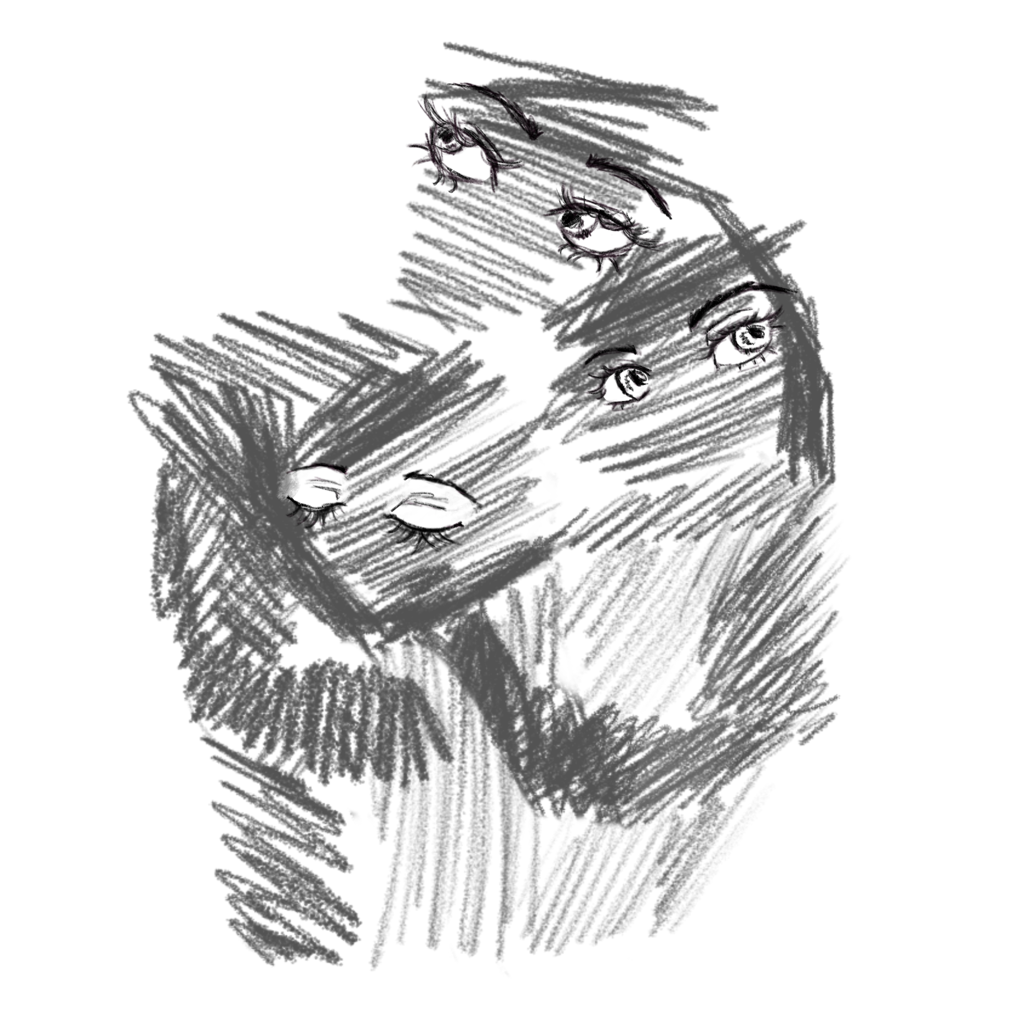 ILLUSTRATION: Multiple bodies tangled together, but with eyes looking elsewhere