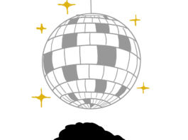 Illustration of a silhouette of a person with an afro hairstyle and gold hoop earings, on top, a silver disco ball.