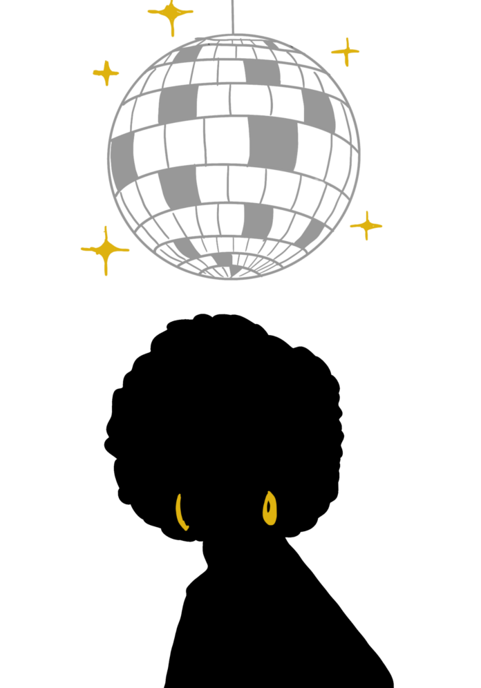 WinnieShen-theinfluencesofblackpeopleondiscoball png Illustration of a silhouette of a person with an afro hairstyle and gold hoop earings, on top, a silver disco ball.
