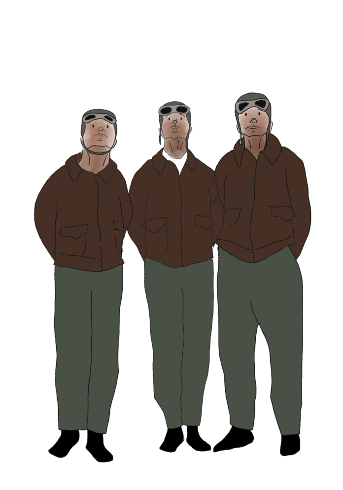 this is an illustration of the Tuskegee airmen; three Black soldiers looking up to the skies.