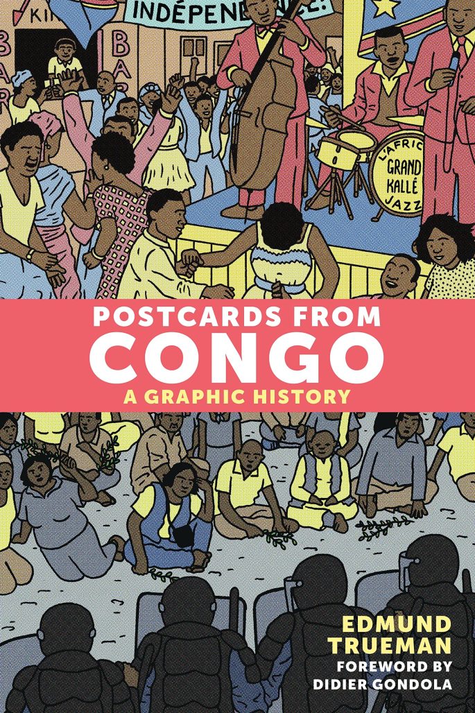 A book lying on a wooden table with an illustrated cover. The top half depicts colourful visuals of people dancing and playing music, while the bottom half shows police and guards trapping people with shields.