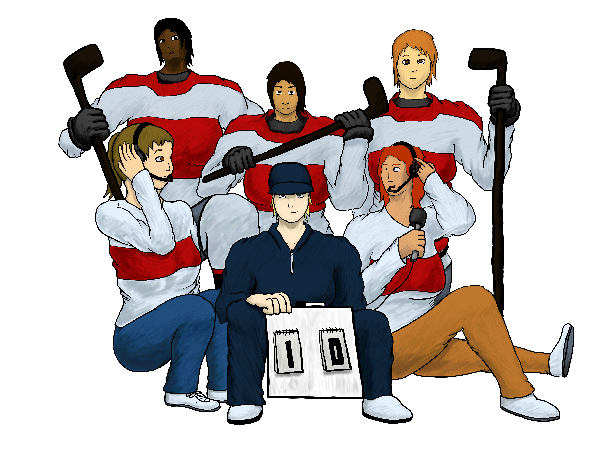 Six diverse women and girls gathered around each other: three of them are holding hockey sticks, two are speaking into microphones built into broadcasting headsets, and one holds a scoreboard while wearing a cap.