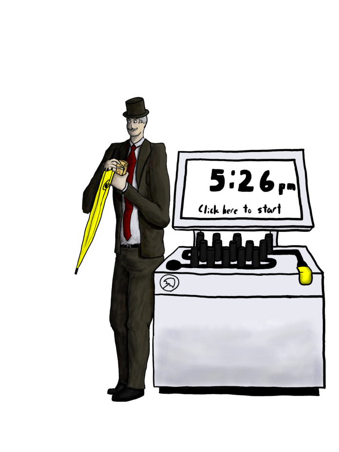 Man in a suit and a top hat holding a yellow UmbraCity umbrella and a stack of cash. He is standing next to an UmbraCity kiosk.