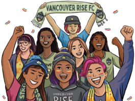 A group of women and trans individuals wearing toques, shirts, and scarves with Vancouver Rise FC’s green logo: an emblem of a mountain with the words ‘RISE’ in the middle.