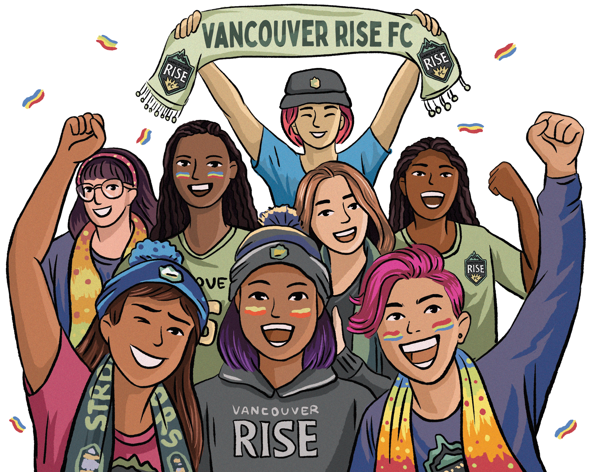 A group of women and trans individuals wearing toques, shirts, and scarves with Vancouver Rise FC’s green logo: an emblem of a mountain with the words ‘RISE’ in the middle.