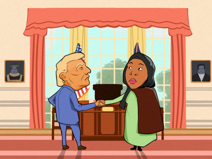 CliffEbora-TrumpAppointsOnijah Illustration of Donald Trump and Onijah Robinson shaking hands in the Oval Office.