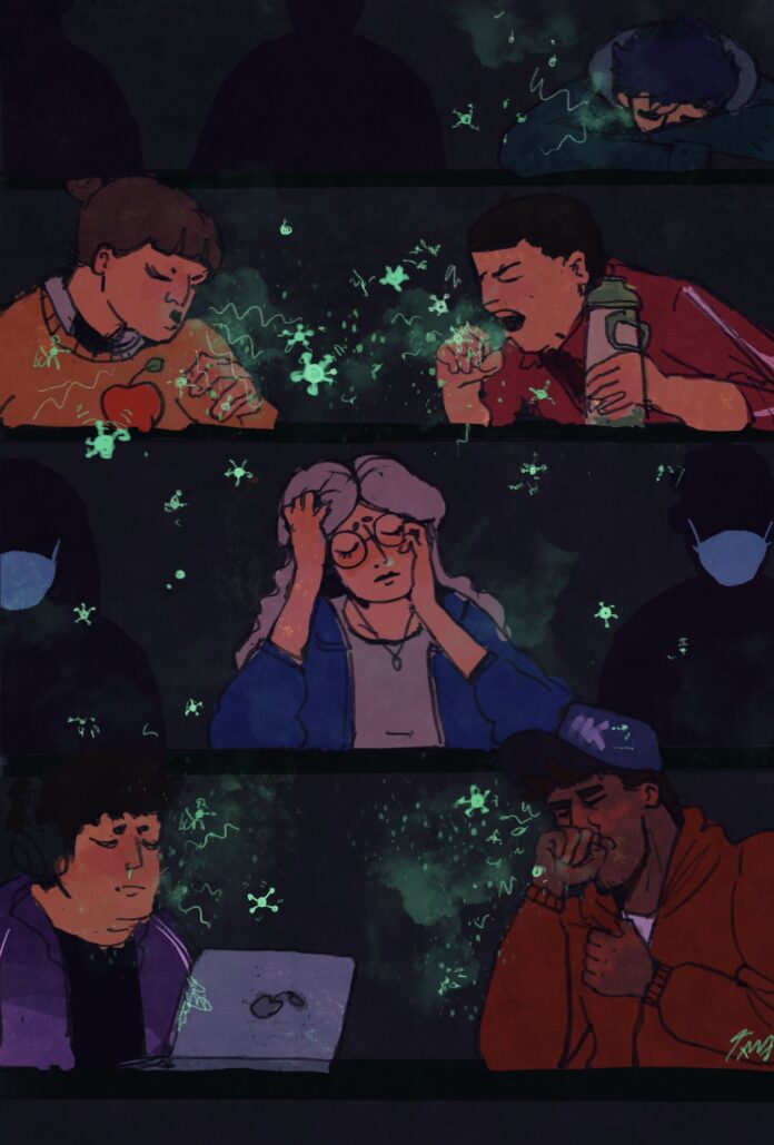 Students sitting in a dark lecture hall. There are only two masked students and most of the rest are coughing or sniffling. Germs are visible around them as though a UV light is being shone on them.