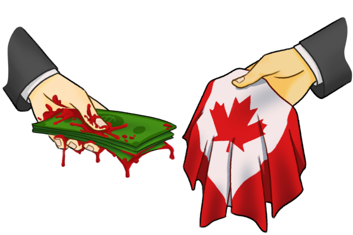 KristinLee-buyigncanadiandidweforgetTnR this is an illustration; the exchange of bloodied money for the canadian flag