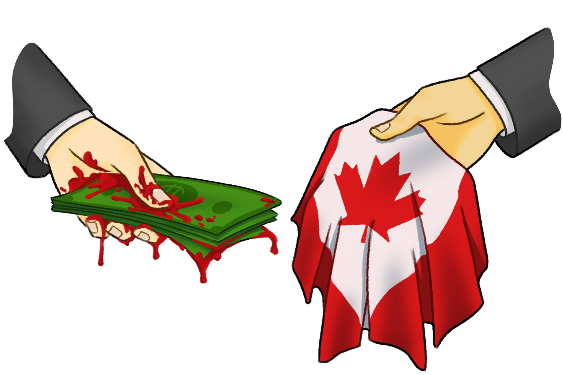 this is an illustration; the exchange of bloodied money for the canadian flag