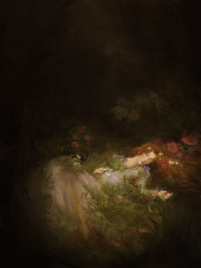 A woman’s body melting into the earth with patches of grass and flowers crowning her features.
