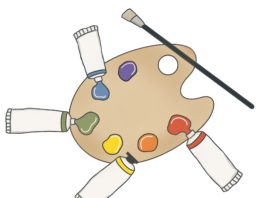 Illustration of a palette with different colours, surrounded by paint tubes and brushes