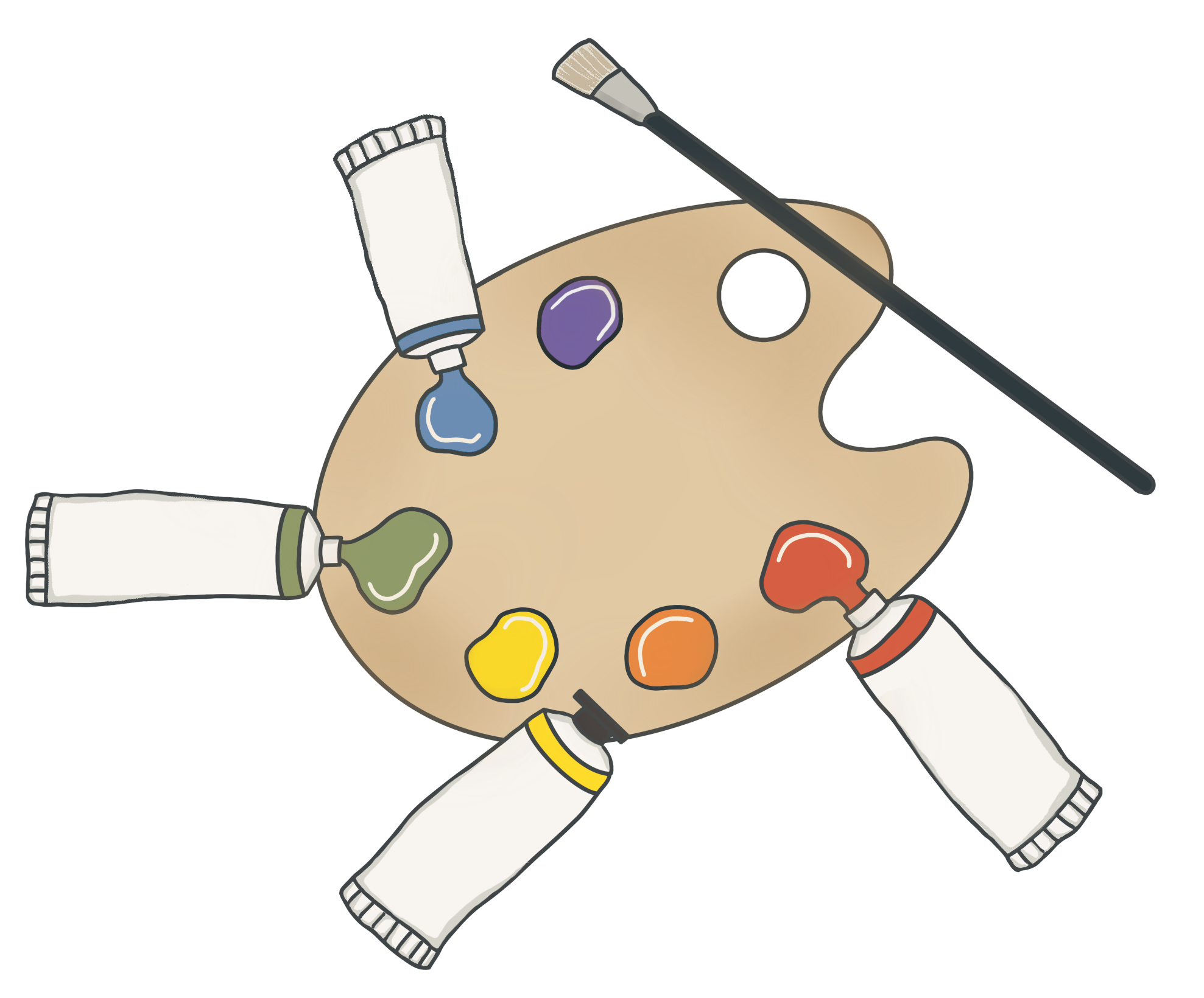 Illustration of a palette with different colours, surrounded by paint tubes and brushes