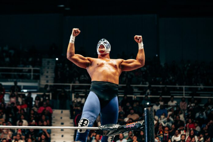 Masked wrestler throwing his arms up triumphantly in the ring.