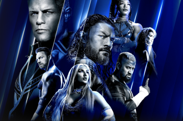 Men and women wrestlers stand dramatically against a striking blue backdrop.