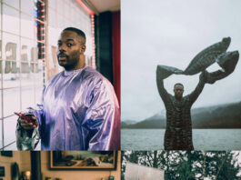 Four photos of BAWAH: top left is of BAWAH standing by a window wearing a chromatic purple top. Top right is of BAWAH standing in front of water and mountains with his arms up wearing a patterned top with long sleeves that billow in the wind. Bottom left shows BAWAH sitting in front of a fireplace and brick wall. In the bottom right, BAWAH balances a basketball on his knuckles and stands in front of a basketball hoop outdoors.