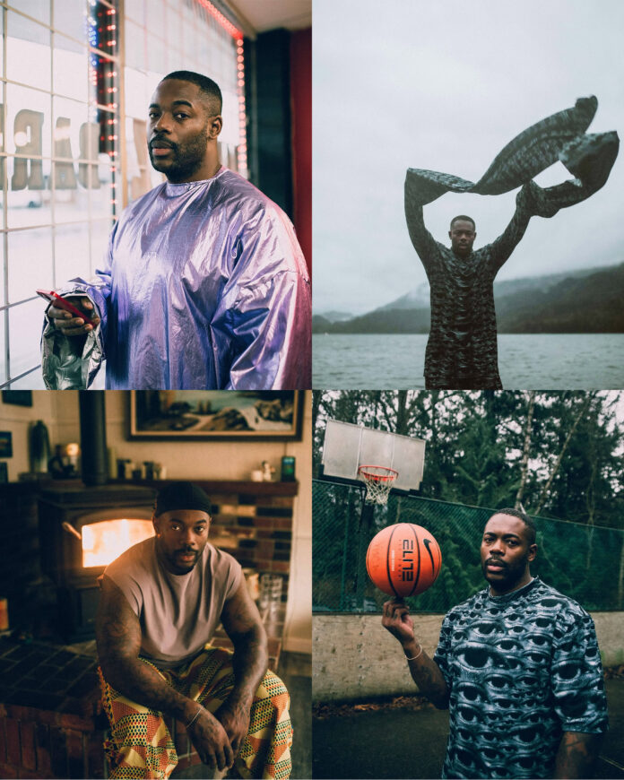 Four photos of BAWAH: top left is of BAWAH standing by a window wearing a chromatic purple top. Top right is of BAWAH standing in front of water and mountains with his arms up wearing a patterned top with long sleeves that billow in the wind. Bottom left shows BAWAH sitting in front of a fireplace and brick wall. In the bottom right, BAWAH balances a basketball on his knuckles and stands in front of a basketball hoop outdoors.