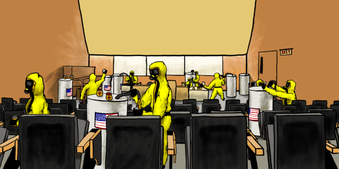 Dozens of individuals wearing hazmat suits, extracting and packaging maple syrup from large metal tins. They are in a Blusson Hall lecture hall and the maple syrup tins have American flags on them.