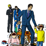 A guide to thriving as a regular guy Illustration of Justin Trudeau in a kindergarten classroom surrounded by crying children and bills. Jagmeet Singh and Pierre Poilievre are behind him laughing.