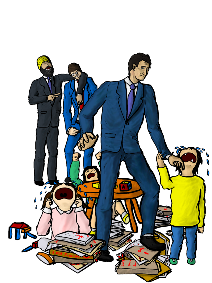 Illustration of Justin Trudeau in a kindergarten classroom surrounded by crying children and bills. Jagmeet Singh and Pierre Poilievre are behind him laughing.