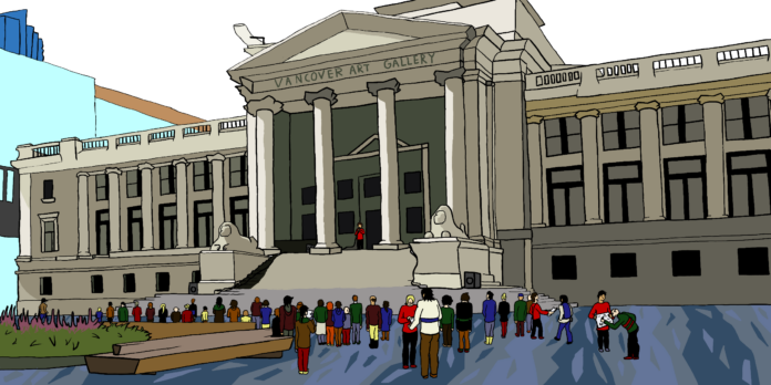 A gathering in the Vancouver art gallery, someone is holding a microphone a top of the stairs.