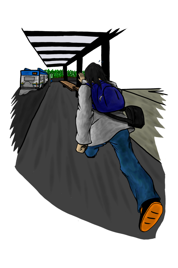 yantingleung - transit Student wearing a grey jacket and a blue backpack running after a 145 bus that is speeding away from the bus stop.