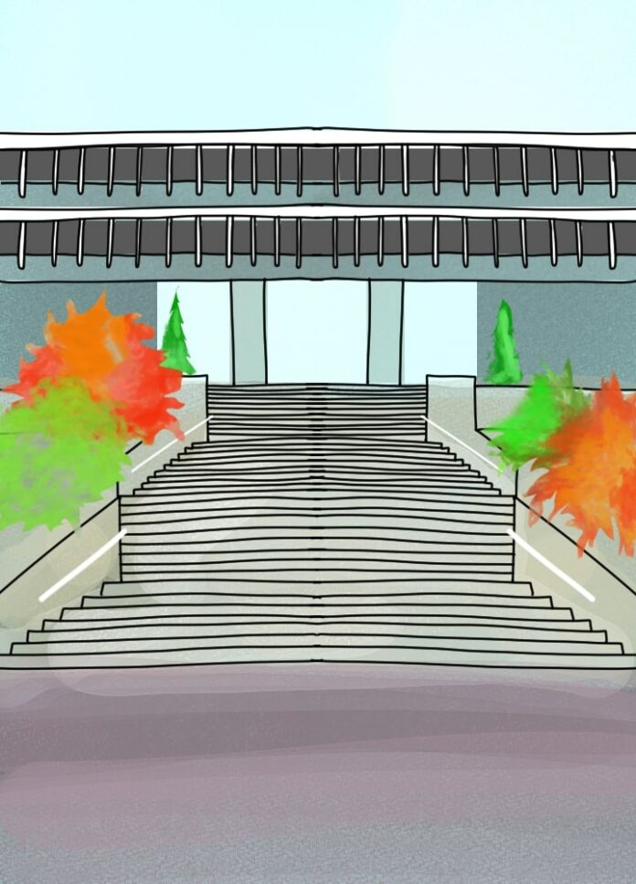 6 An illustration of the stairs leading up to the AQ at SFU Burnaby.