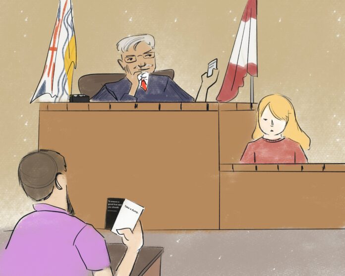 A court sketch of a woman testifying in court while the defendant and the judge are ignoring her and playing Cards Against Humanity.