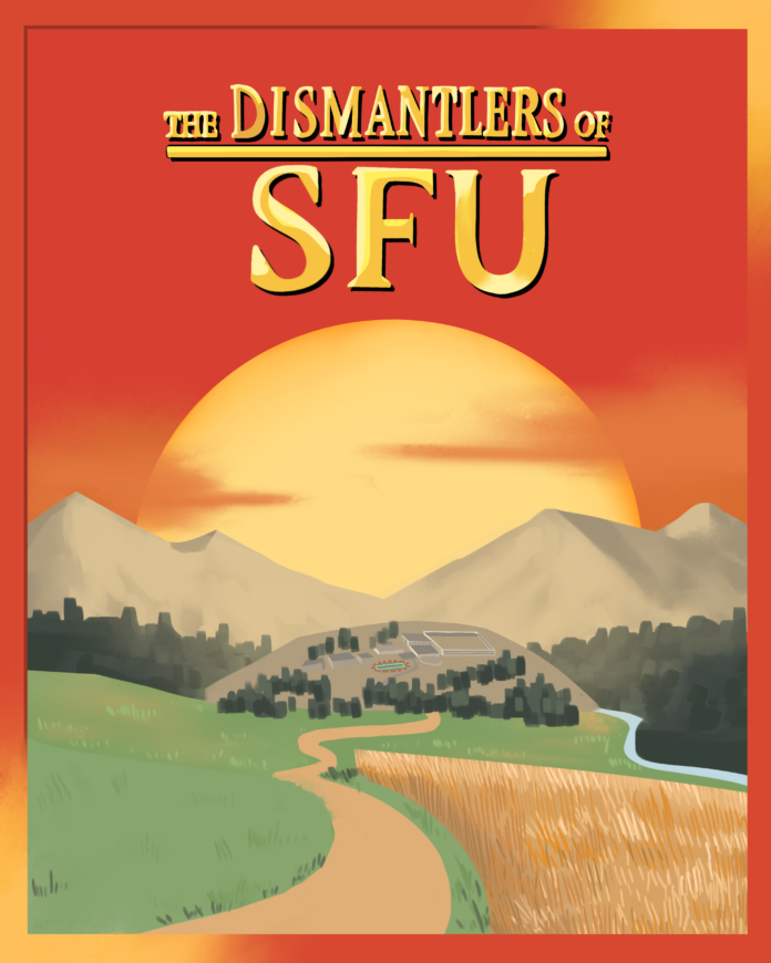 This is an illustration of the original Catan board game cover, with a sun rising behind mountains, except SFU is featured at the end of a path, and instead of “Catan,” it says “The Dismantlers of SFU.” The original terrain tiles (hexagonal shape) are replaced with vibrant illustrations of SFU equivalent settings, as mentioned in the piece.