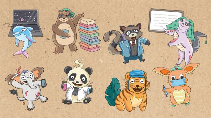 pokemon(all) A set of cards with different animal-like illustrations representing different faculties: A raccoon wearing a suit and tie, holding a phone A raccoon standing on its hind legs, to its right a stack of books. A dolphin with markings on its skin, floating in front of a laptop. A panda in a lab coat holding test tubes An elephant holding a paintbrush and a phone. A rodent-like creature with a nurse's hat and a face mask, holding a syringe. A creature with purple skin and green hair pointing towards a blackboard. A tiger with a leaf instead of a tail and a blue cap.
