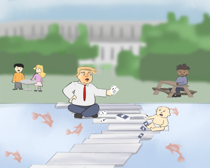 Donald Trump and a baby sitting on the steps of SFU’s reflection pond with each holding some cards.