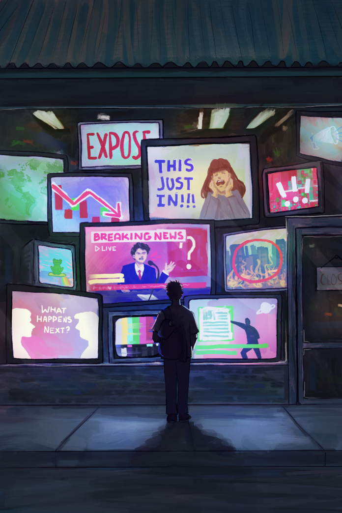 A person standing on a sidewalk at night, facing a storefront with multiple TV screens displaying a mixture of news outlets.