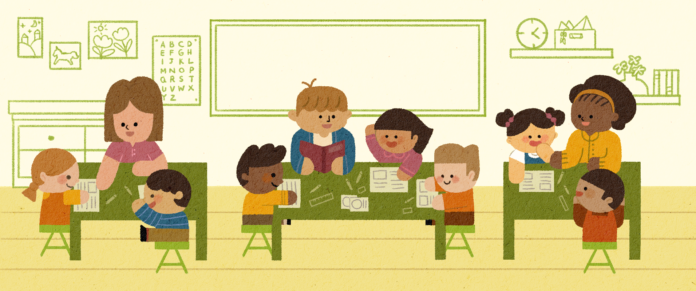 ILLUSTRATION: A classroom filled with students grouped around a tutor