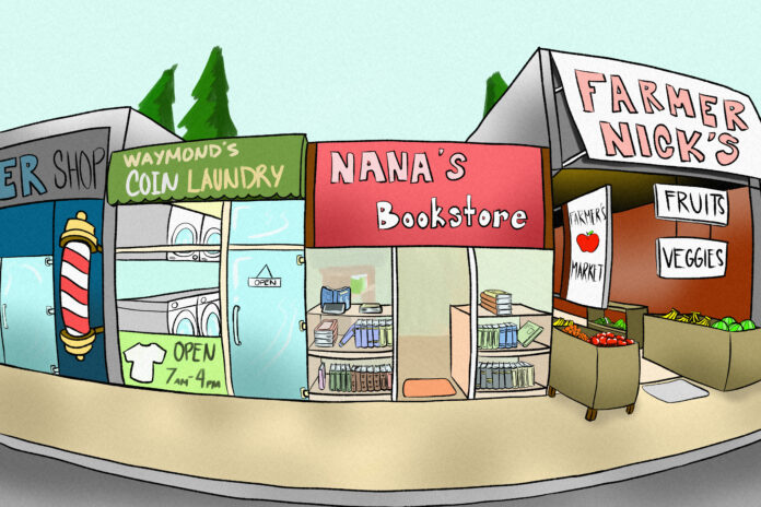 Illustration of a row of small businesses including a barber shop, coin laundry, bookstore, and farmer’s market.