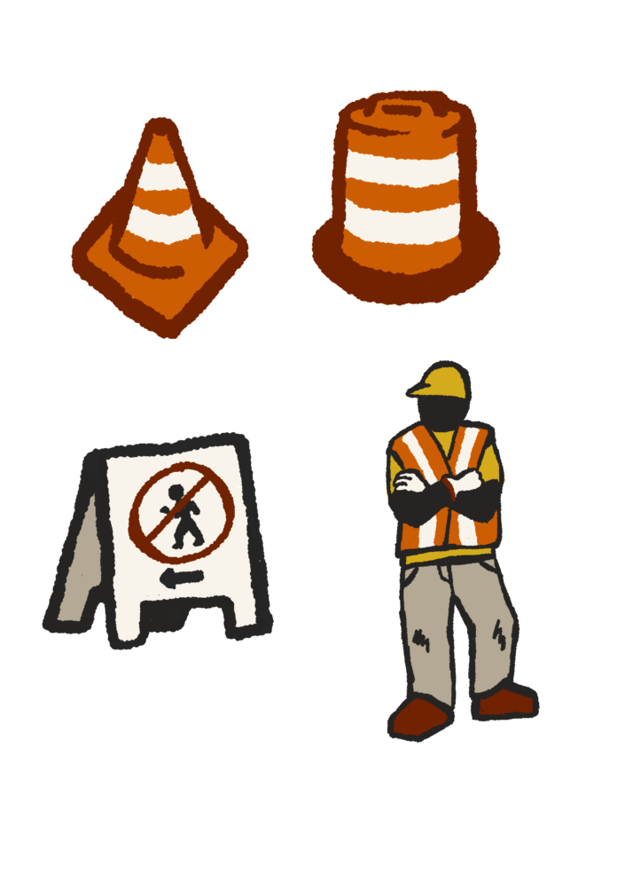 ILLUSTRATIONS: Small illustrations of traffic cones (two variations) and construction workers to place around the borders of the photos.