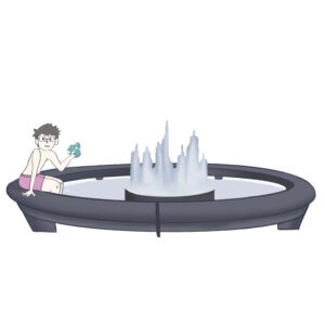 Illustration of a person bathing in a water fixture.