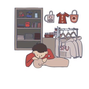 Illustration of a man inside the SFU bookstore giving mouth-to-mouth to a mannequin on the ground. Behind him is a shelf full of merchandise, a clothing rack, a cash register, and shirts pinned to the wall. 